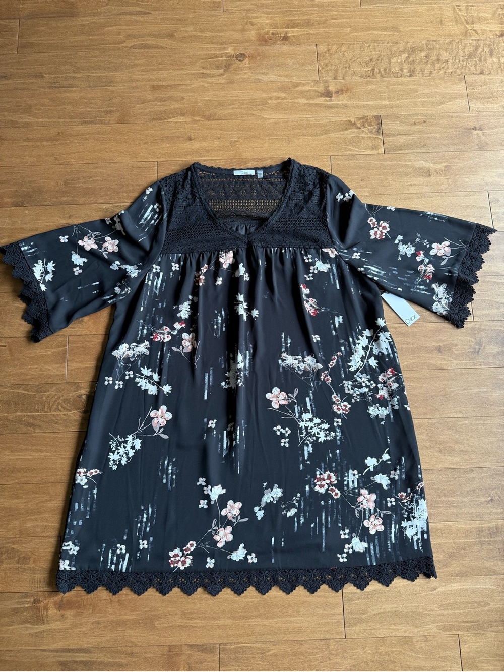 Dex Black Floral Lace Yoke Dress with Bell Sleeves and Pink & Cream Blossoms